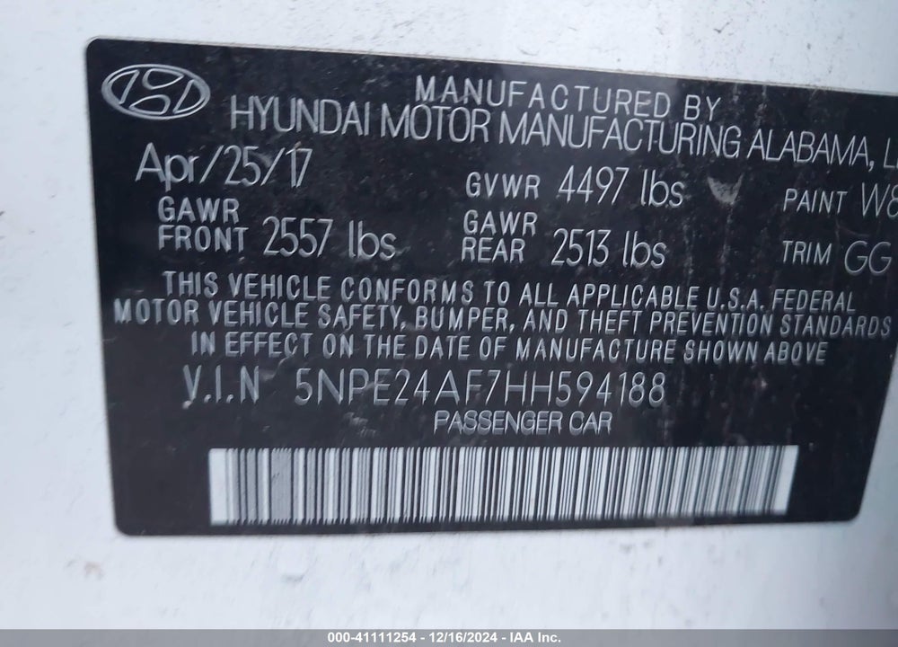 2017 HYUNDAI SONATA VIN: 5NPE24AF7HH594188