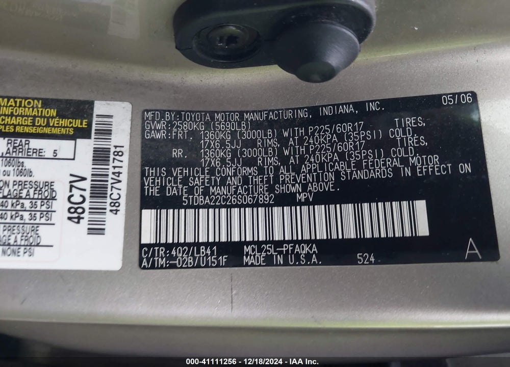 2006 TOYOTA SIENNA XLE LIMITED VIN: 5TDBA22C26S067892