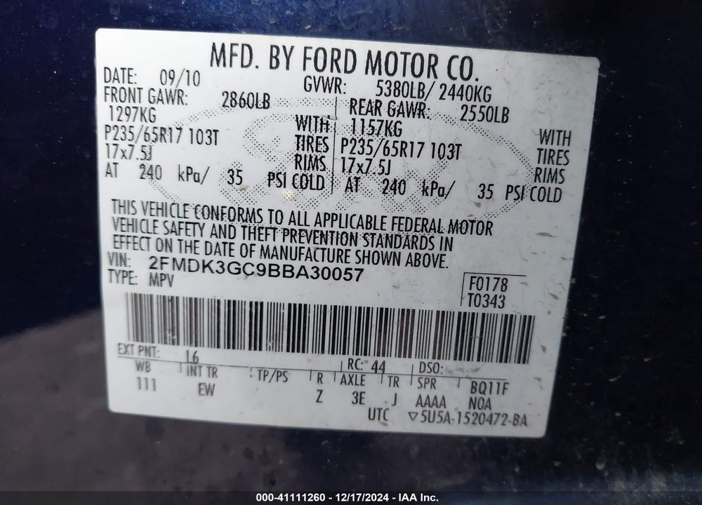 2011 FORD EDGE SE VIN: 2FMDK3GC9BBA30057