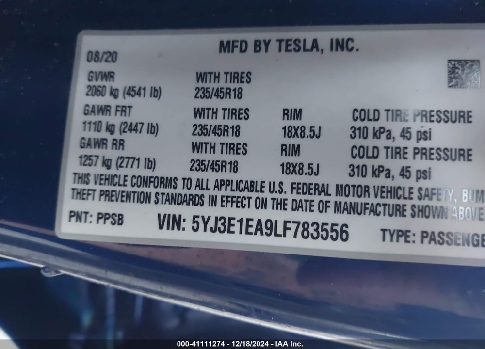 2020 TESLA MODEL 3 STANDARD RANGE PLUS REAR-WHEEL DRIVE/STANDARD RANGE REAR-WHEEL DRIVE VIN: 5YJ3E1EA9LF783556