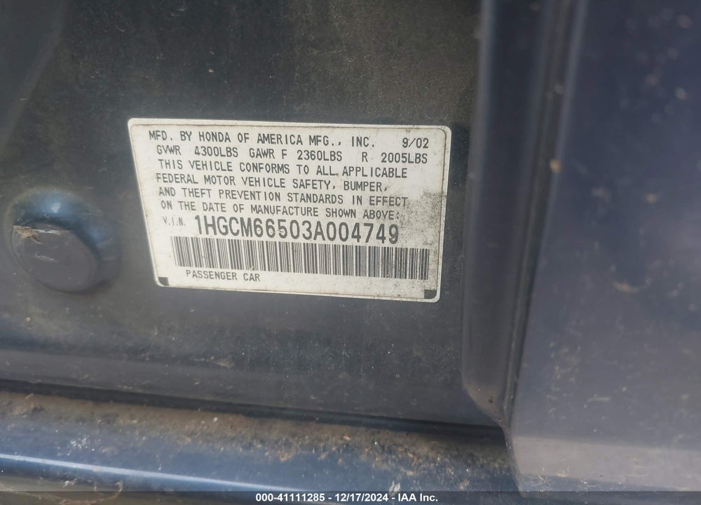2003 HONDA ACCORD 3.0 EX VIN: 1HGCM66503A004749