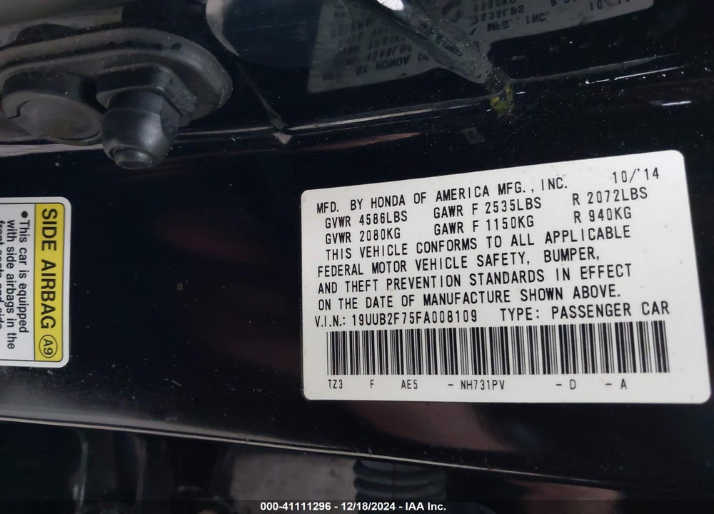 2015 ACURA TLX V6 ADVANCE VIN: 19UUB2F75FA008109