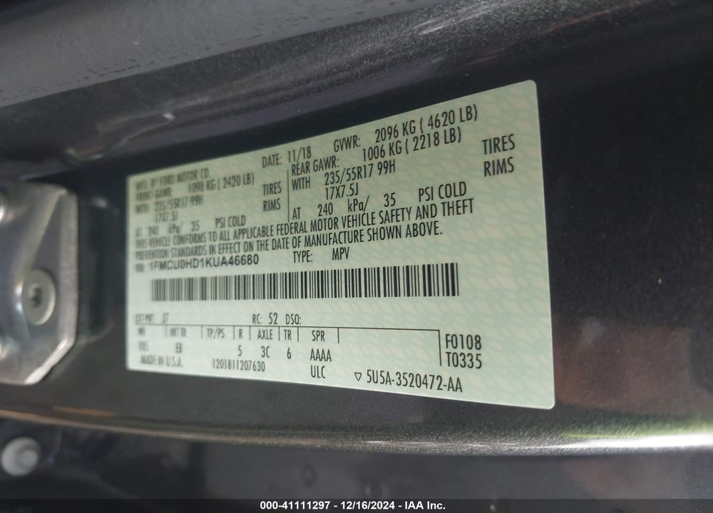2019 FORD ESCAPE SEL VIN: 1FMCU0HD1KUA46680