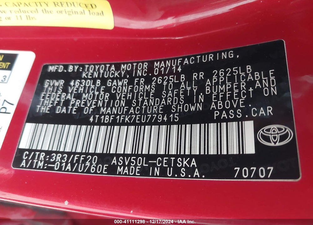 2014 TOYOTA CAMRY SE VIN: 4T1BF1FK7EU779415