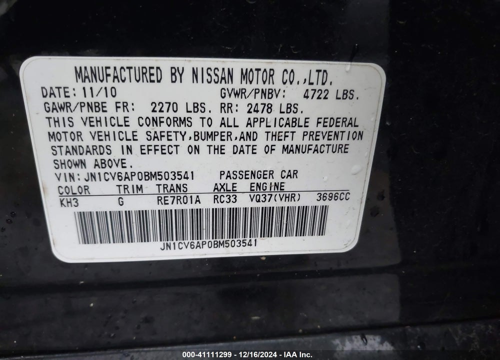 2011 INFINITI G37 JOURNEY VIN: JN1CV6AP0BM503541