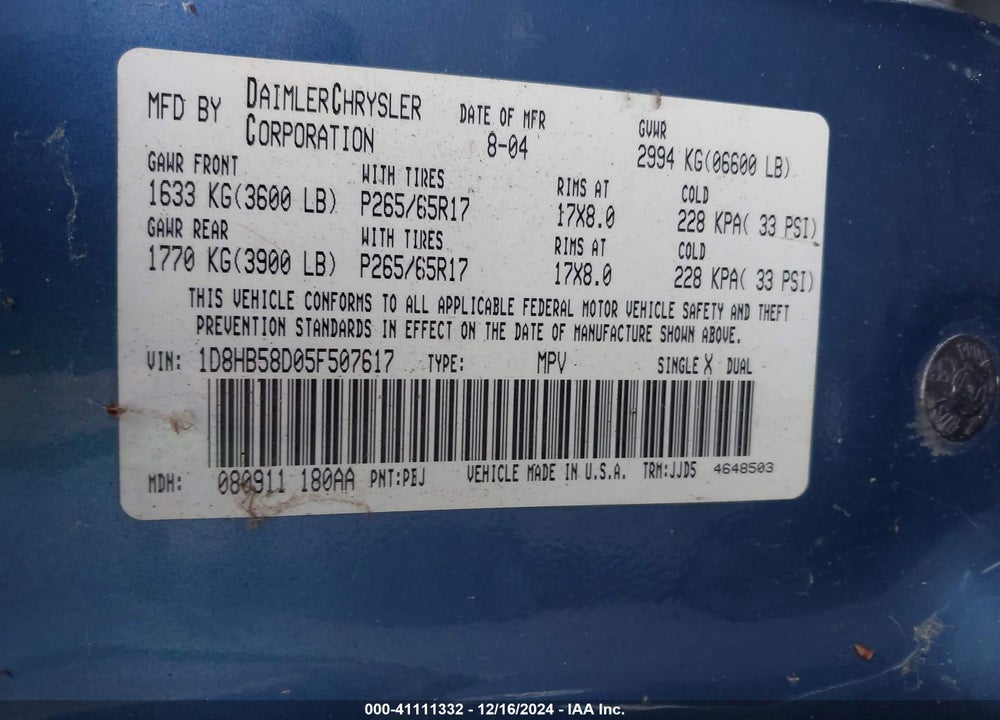 2005 DODGE DURANGO LIMITED VIN: 1D8HB58D05F507617