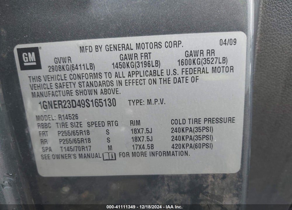 2009 CHEVROLET TRAVERSE LT VIN: 1GNER23D49S165130