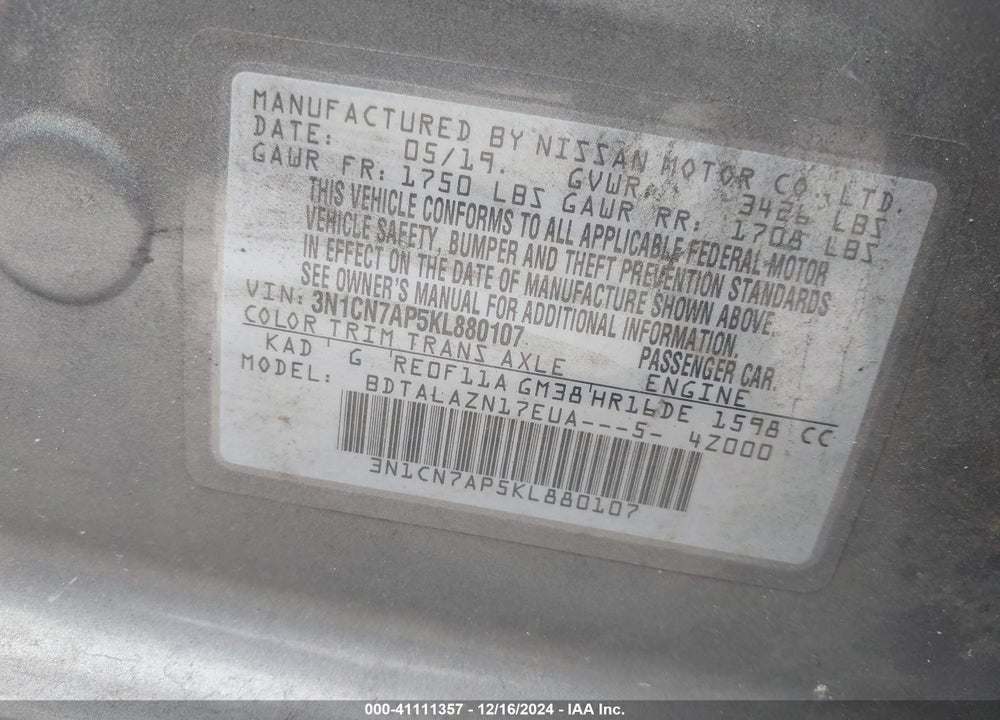 2019 NISSAN VERSA VIN: 3N1CN7AP5KL880107