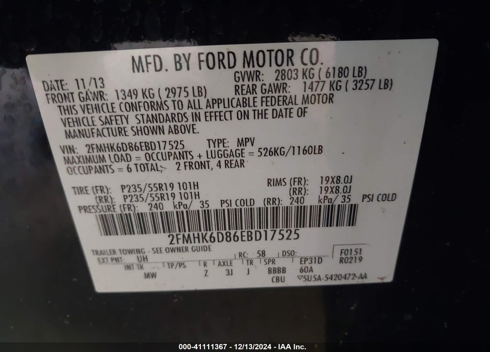 2014 FORD FLEX LIMITED VIN: 2FMHK6D86EBD17525