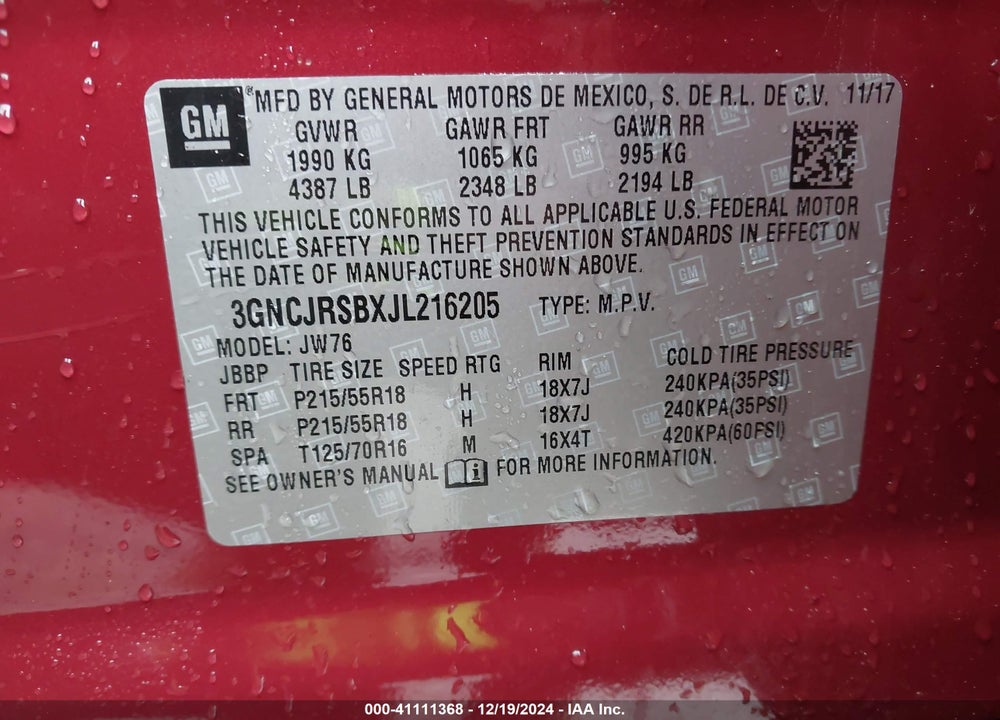 2018 CHEVROLET TRAX PREMIER VIN: 3GNCJRSBXJL216205