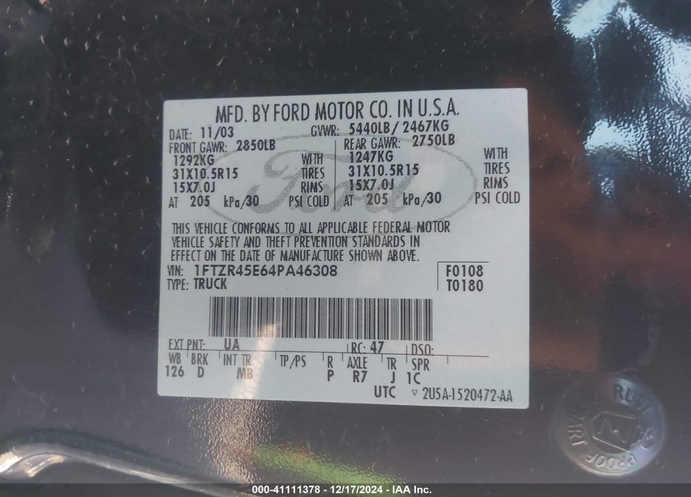 2004 FORD RANGER EDGE/TREMOR/XLT VIN: 1FTZR45E64PA46308