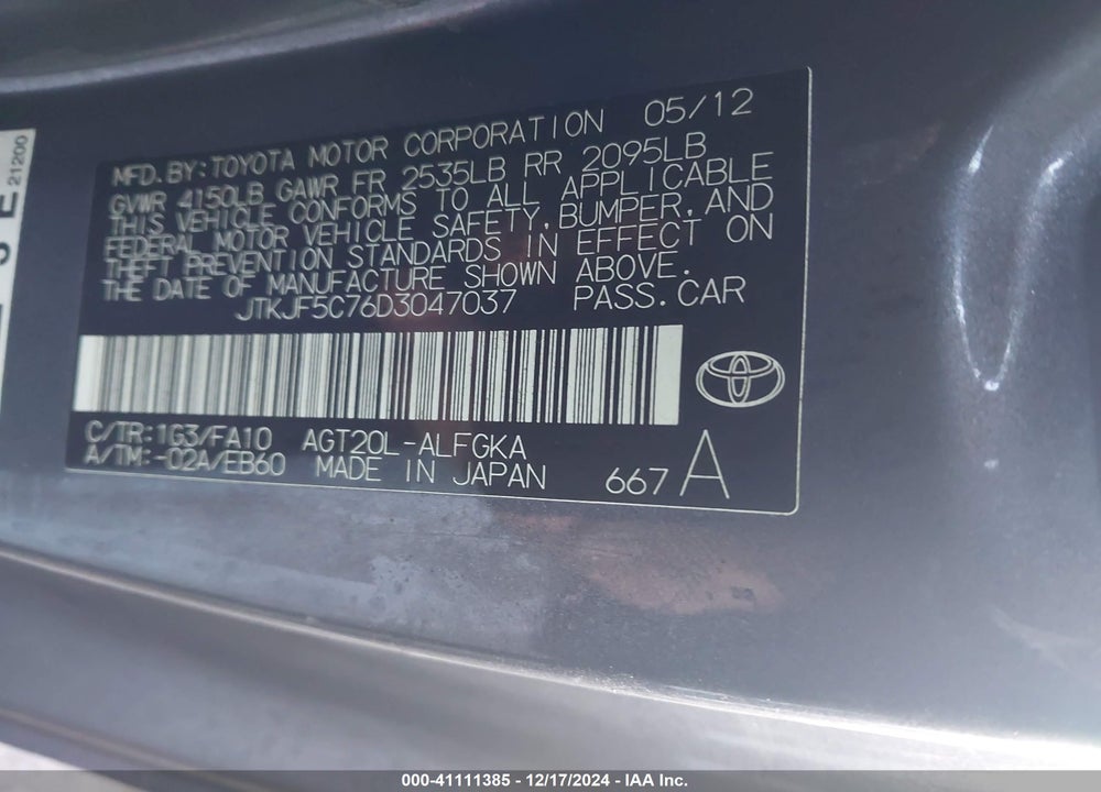 2013 SCION TC VIN: JTKJF5C76D3047037