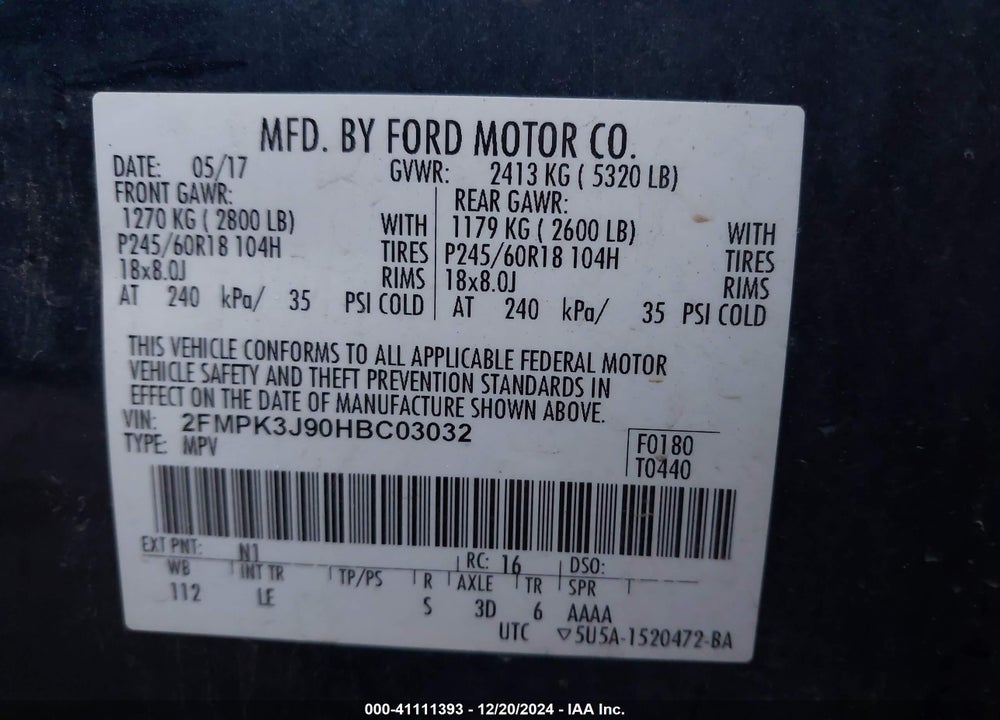 2017 FORD EDGE SEL VIN: 2FMPK3J90HBC03032