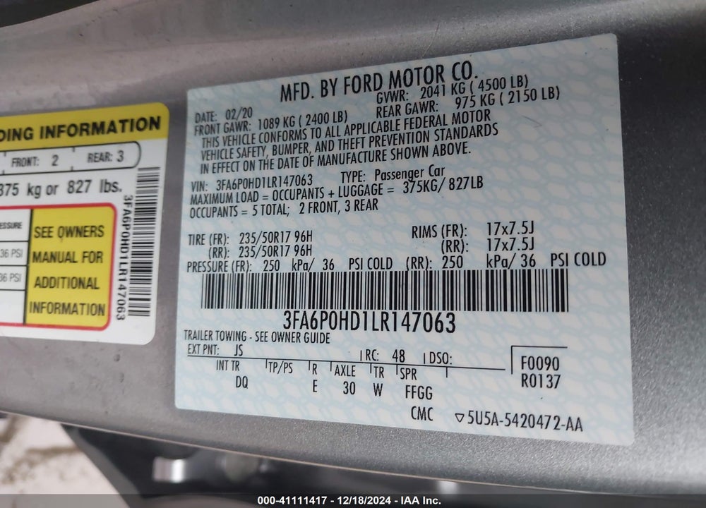2020 FORD FUSION SE VIN: 3FA6P0HD1LR147063