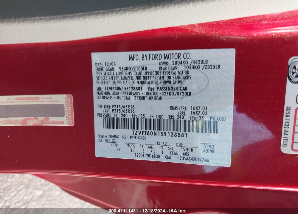 2005 FORD MUSTANG V6 DELUXE/V6 PREMIUM VIN: 1ZVFT80N155128881