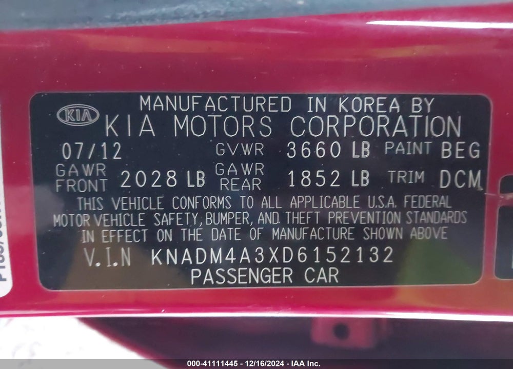 2013 KIA RIO VIN: KNADM4A3XD6152132