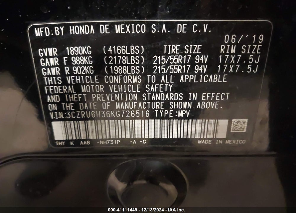2019 HONDA HR-V LX VIN: 3CZRU6H36KG726516