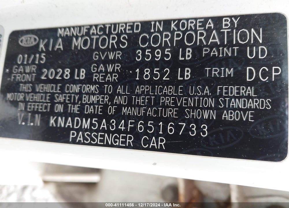 2015 KIA RIO LX VIN: KNADM5A34F6516733