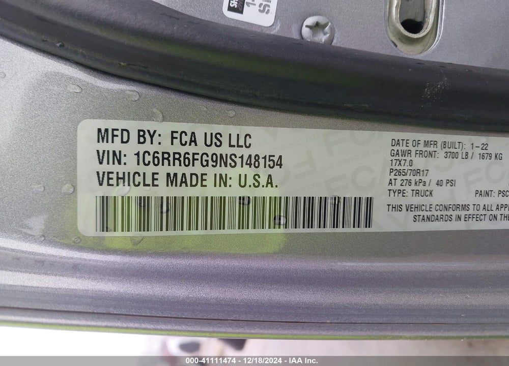 2022 RAM 1500 CLASSIC VIN: 1C6RR6FG9NS148154