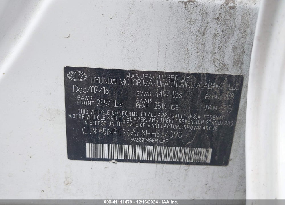 2017 HYUNDAI SONATA VIN: 5NPE24AF8HH536090