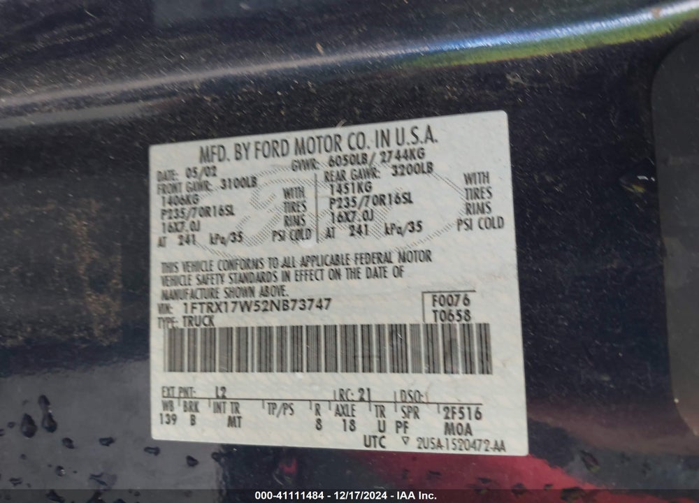 2002 FORD F-150 LARIAT/XL/XLT VIN: 1FTRX17W52NB73747