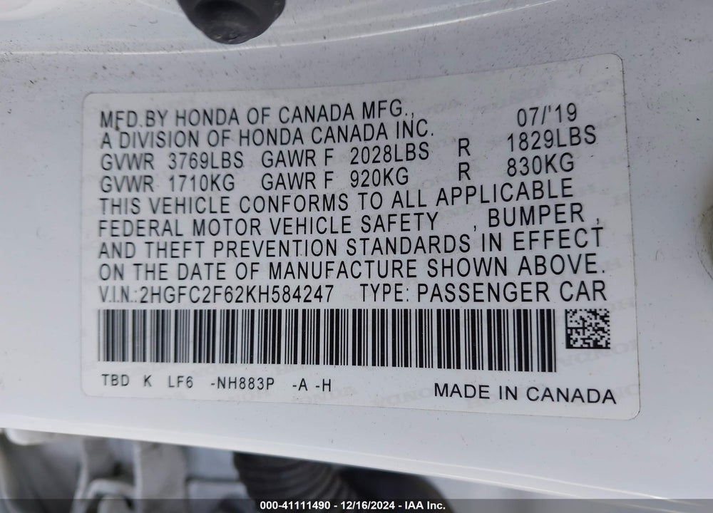 2019 HONDA CIVIC VIN: 2HGFC2F62KH584247