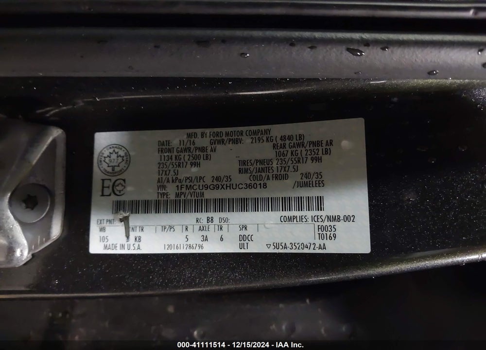 2017 FORD ESCAPE SE VIN: 1FMCU9G9XHUC36018