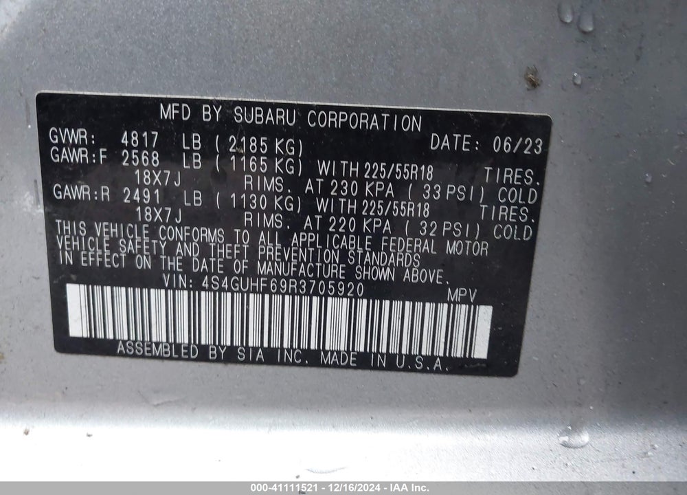 2024 SUBARU CROSSTREK SPORT VIN: 4S4GUHF69R3705920