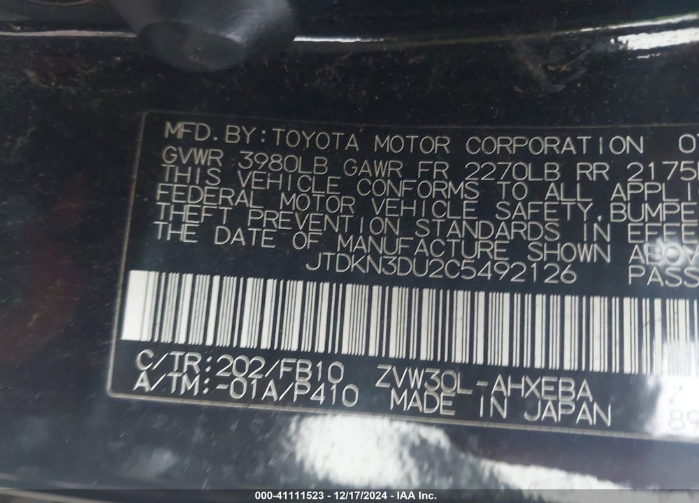 2012 TOYOTA PRIUS VIN: JTDKN3DU2C5492126