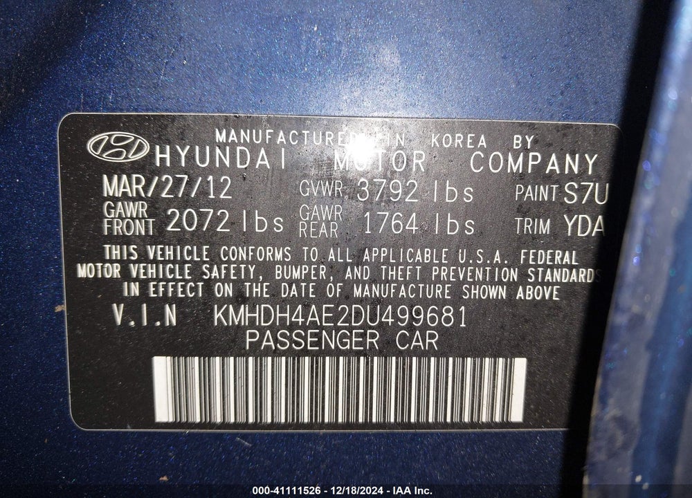 2013 HYUNDAI ELANTRA GLS VIN: KMHDH4AE2DU499681