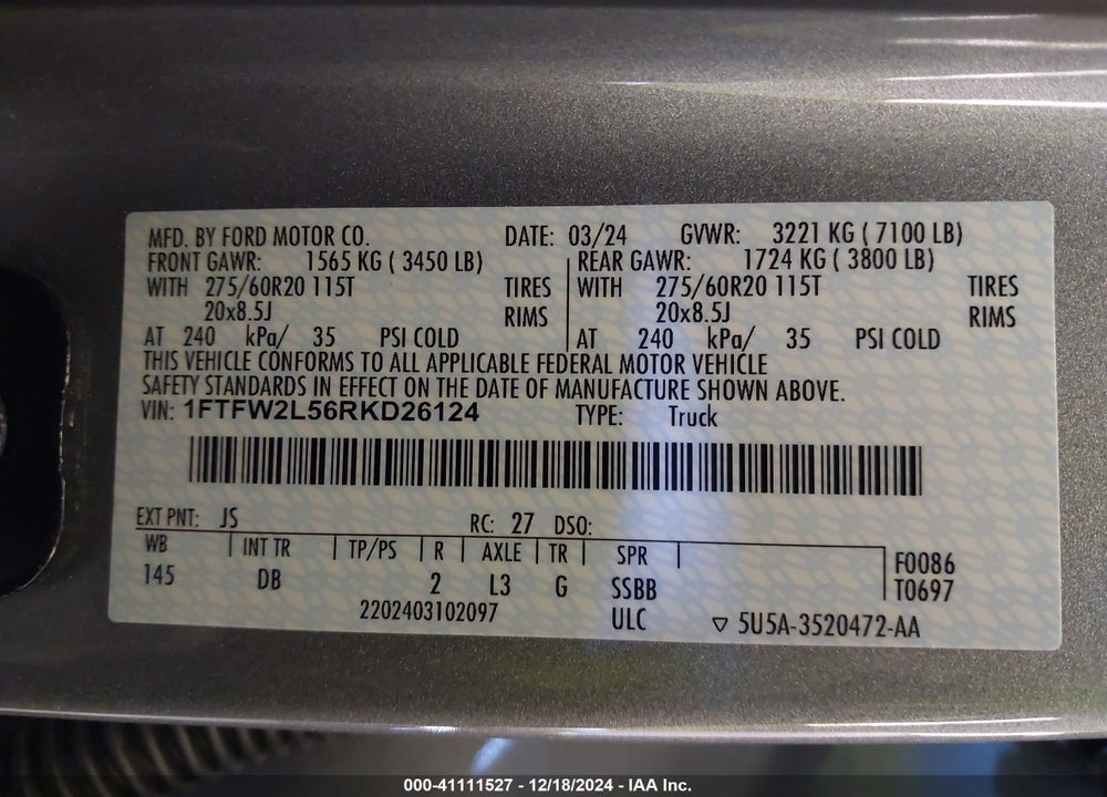 2024 FORD F-150 STX VIN: 1FTFW2L56RKD26124