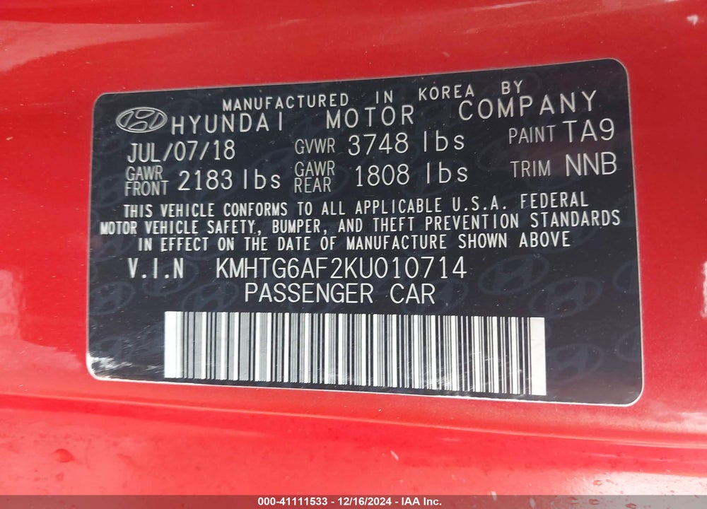 2019 HYUNDAI VELOSTER 2.0 PREMIUM VIN: KMHTG6AF2KU010714