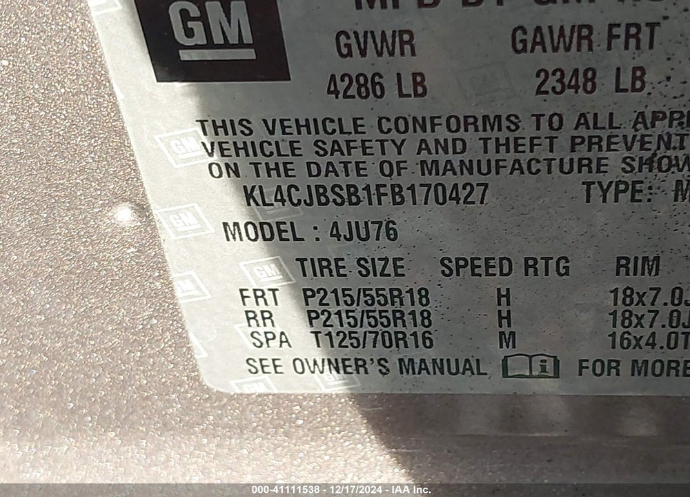 2015 BUICK ENCORE CONVENIENCE VIN: KL4CJBSB1FB170427