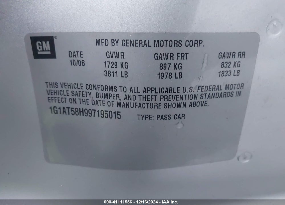 2009 CHEVROLET COBALT LT VIN: 1G1AT58H997195015