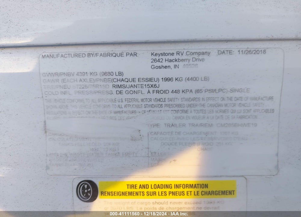 2019 COLEMAN 285BH VIN: 4YDT28527KY937042