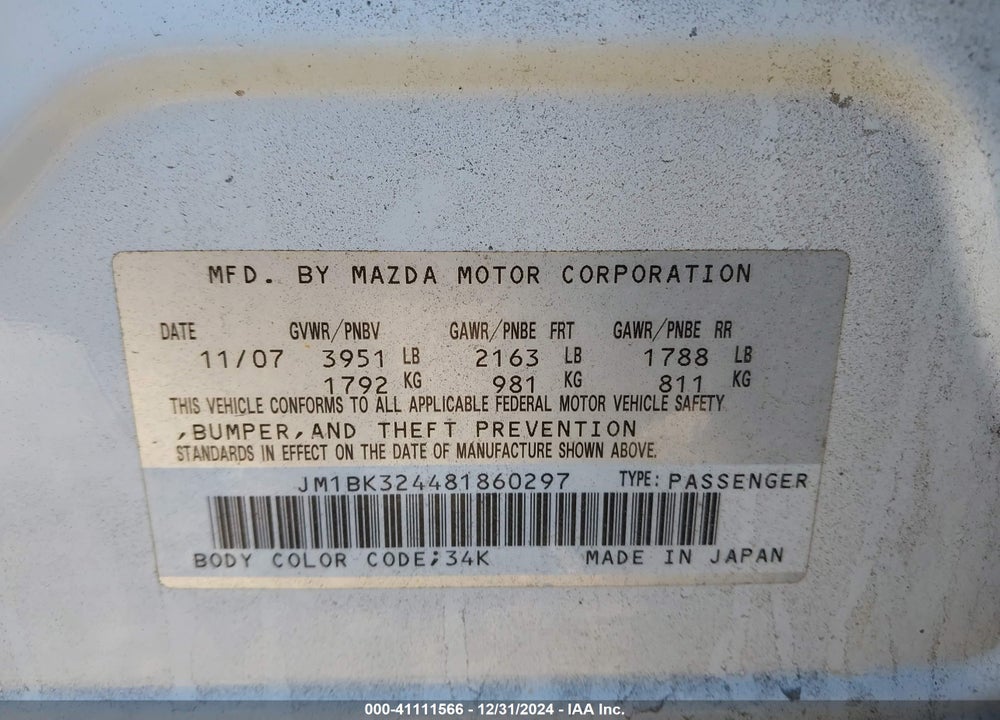 2008 MAZDA 3 S GRAND TOURING VIN: JM1BK324481860297