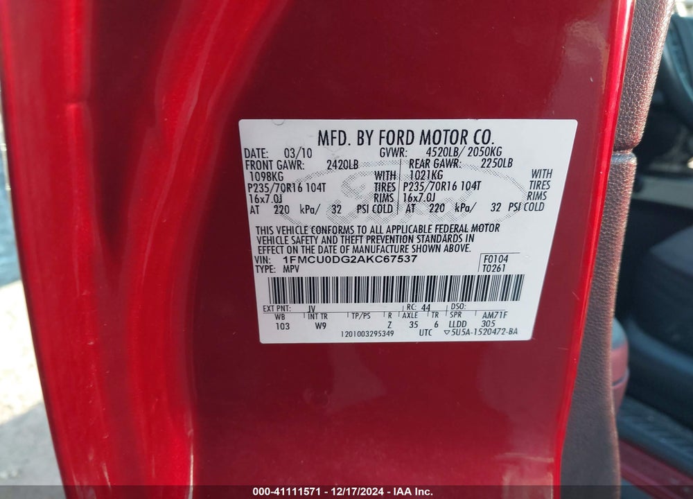 2010 FORD ESCAPE XLT VIN: 1FMCU0DG2AKC67537