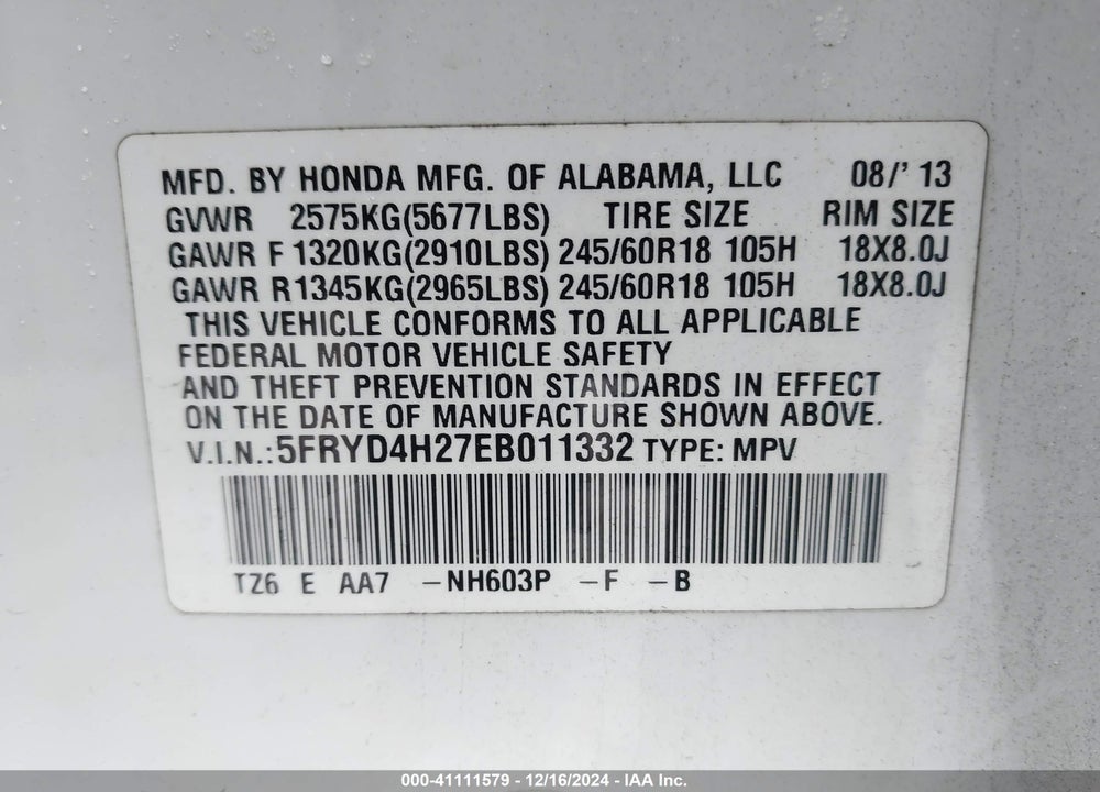 2014 ACURA MDX VIN: 5FRYD4H27EB011332