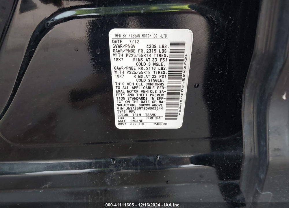 2013 NISSAN ROGUE SV W/SL PKG VIN: JN8AS5MT9DW002644