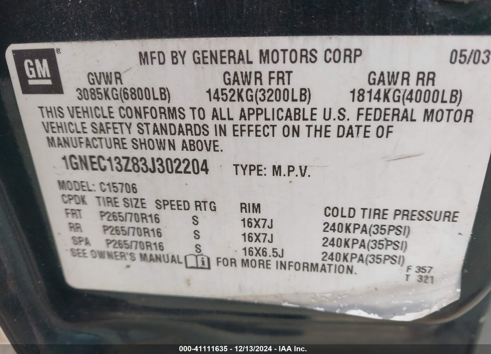 2003 CHEVROLET TAHOE LT VIN: 1GNEC13Z83J302204