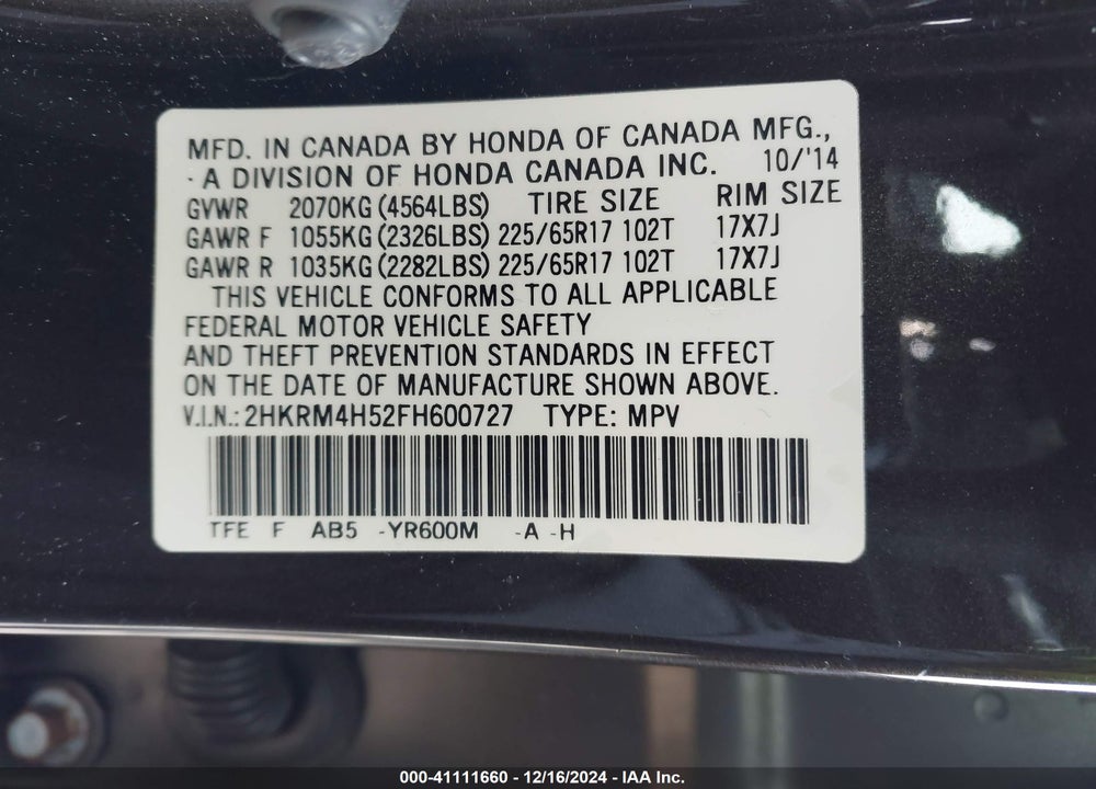 2015 HONDA CR-V EX VIN: 2HKRM4H52FH600727