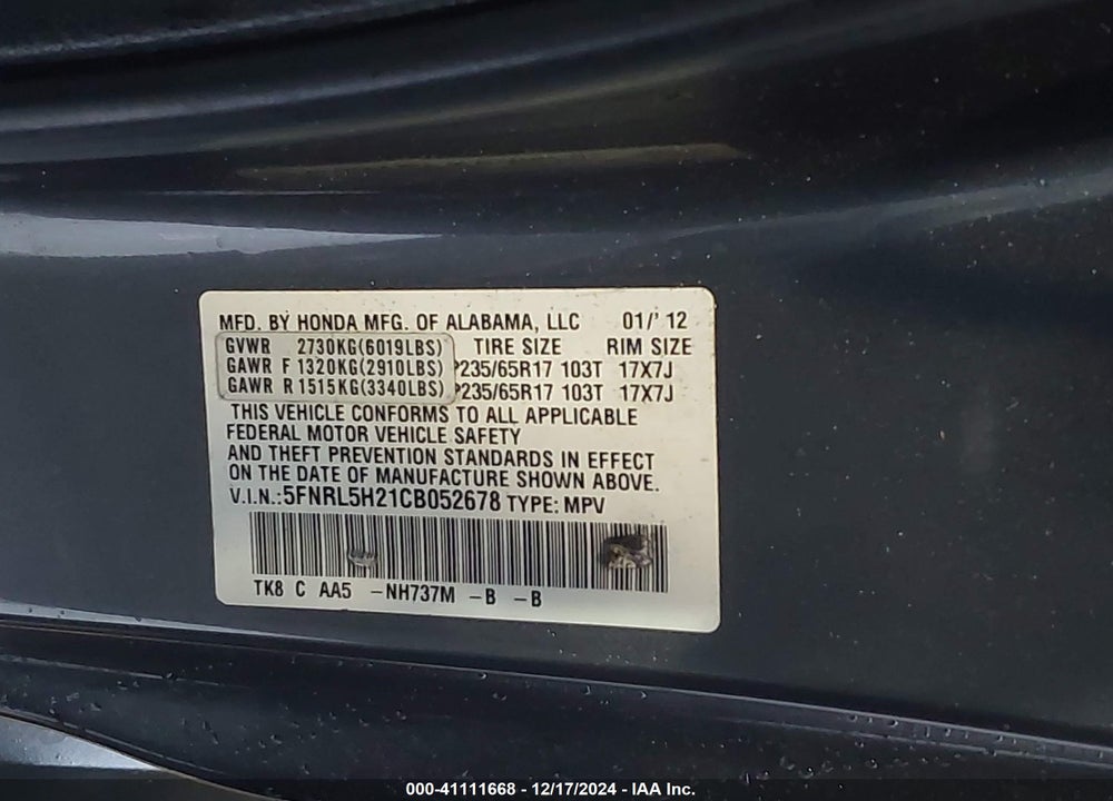 2012 HONDA ODYSSEY LX VIN: 5FNRL5H21CB052678