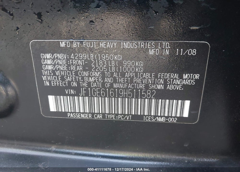2009 SUBARU IMPREZA 2.5I VIN: JF1GE61619H511582