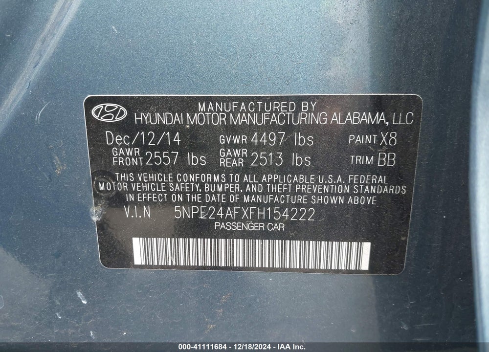 2015 HYUNDAI SONATA SE VIN: 5NPE24AFXFH154222
