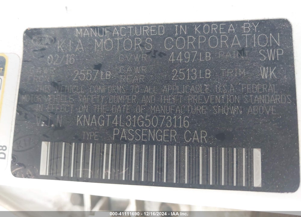 2016 KIA OPTIMA LX VIN: KNAGT4L31G5073116