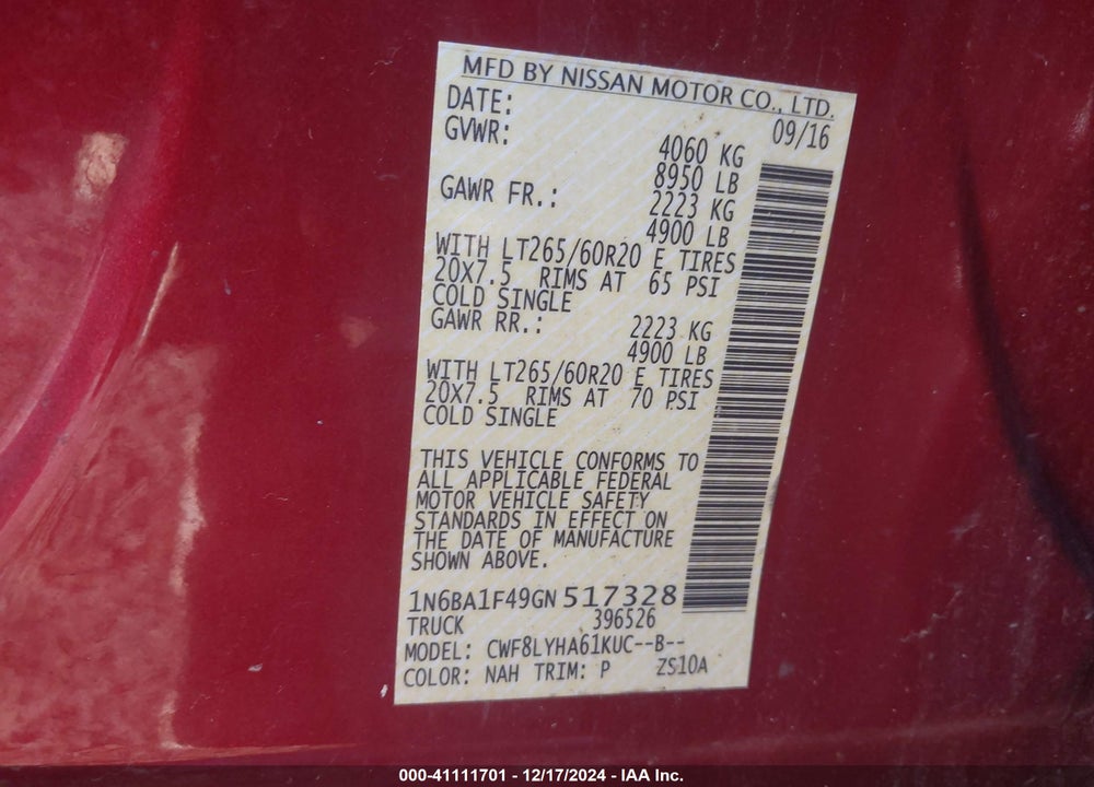 2016 NISSAN TITAN XD VIN: 1N6BA1F49GN517328