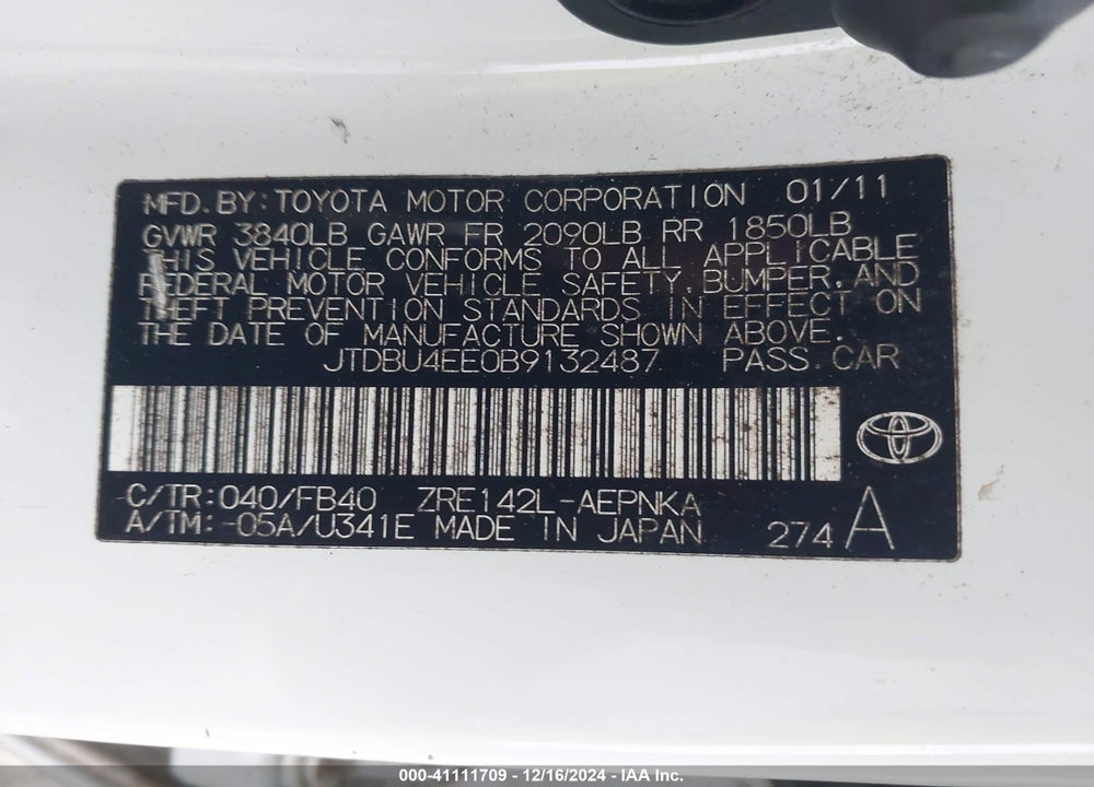 2011 TOYOTA COROLLA LE VIN: JTDBU4EE0B9132487