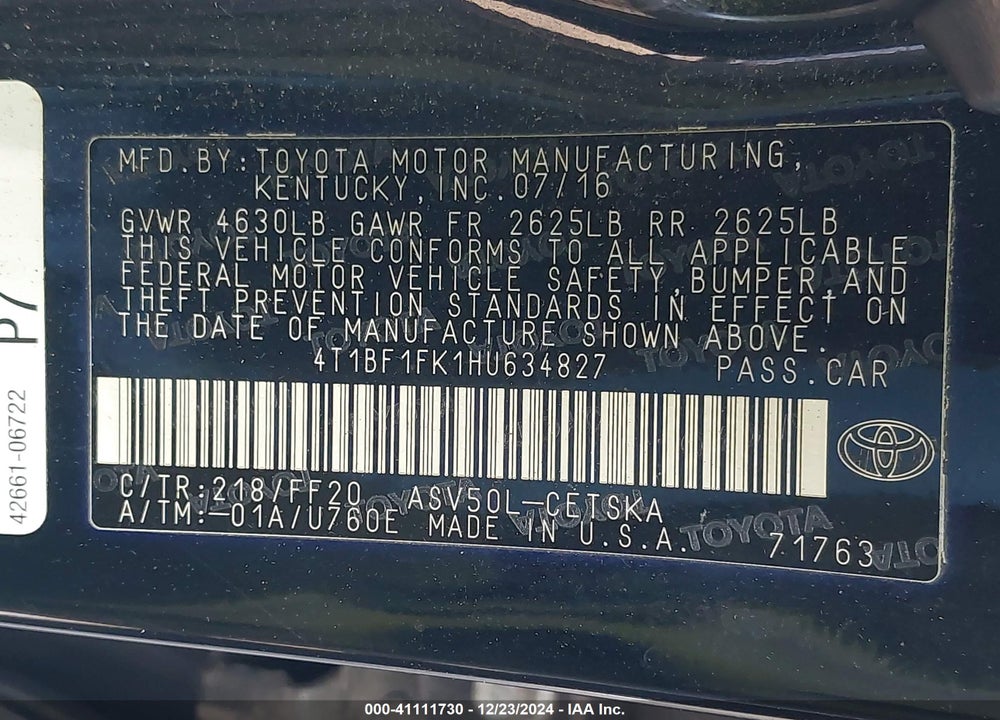 2017 TOYOTA CAMRY SE VIN: 4T1BF1FK1HU634827