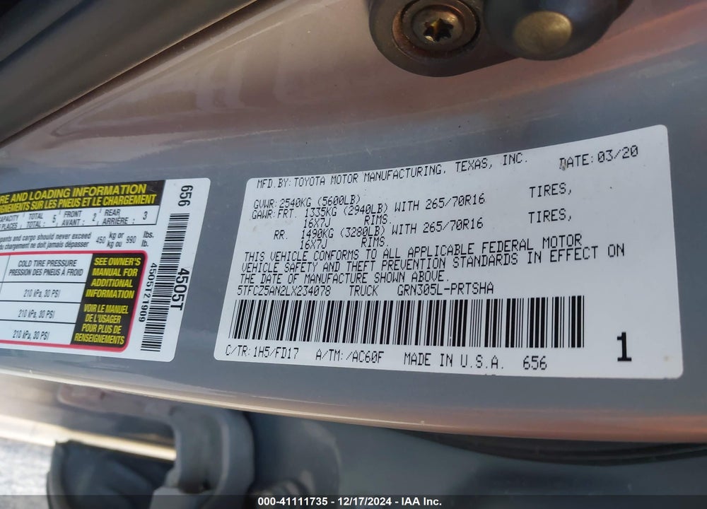 2020 TOYOTA TACOMA TRD OFF ROAD VIN: 5TFCZ5AN2LX234078