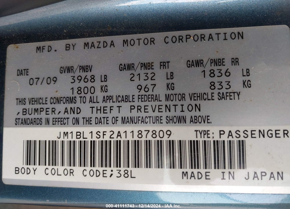 2010 MAZDA 3 VIN: JM1BL1SF2A1187809